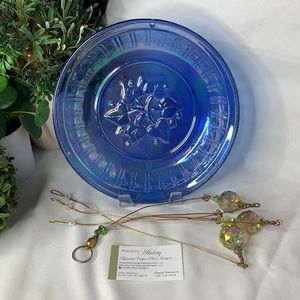 Beautiful blue carnival glass hanging birdbath w bejeweled copper plant hanger